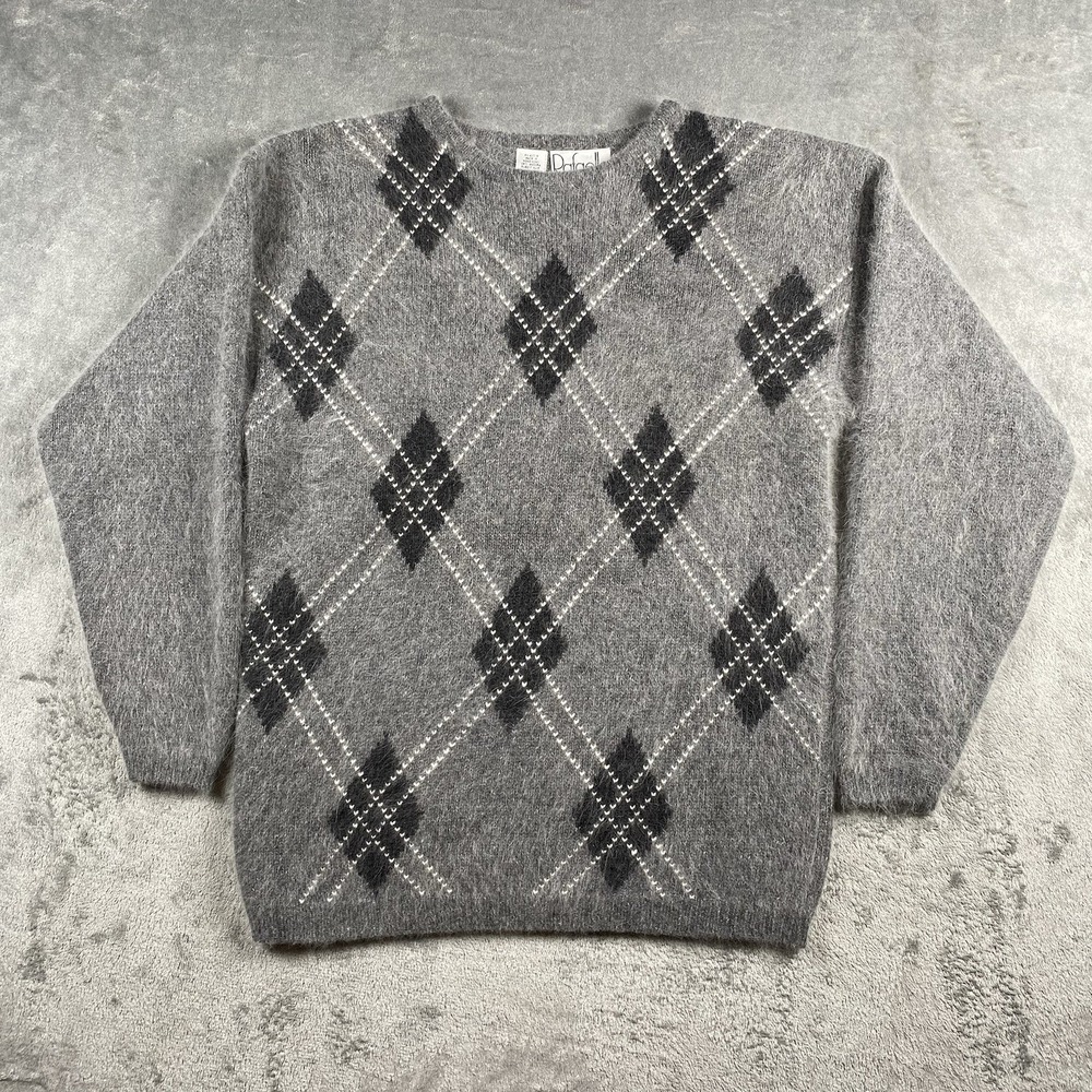 Vtg Rafaella Sweater Womens Size M Grey Argyle Angora Lambswool Shaggy Academia